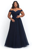A Line Navy Off the Shoulder Maxi Ruched Plus Size Prom Dress