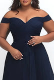 A Line Navy Off the Shoulder Maxi Ruched Plus Size Prom Dress