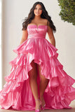 Pink Strapless A Line Tiered High Low Plus Size Prom Dress with Ruffles