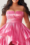 Pink Strapless A Line Tiered High Low Plus Size Prom Dress with Ruffles