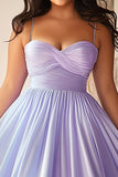 Lilac A Line Spaghetti Straps Ruched Plus Size Maxi Prom Dress