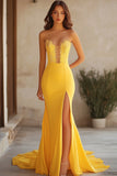 Yellow Sweetheart Chiffon Long Mermaid Prom Dress with Lace