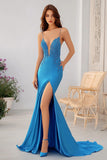 Royal Blue Spaghetti Straps Mermaid Long Prom Dress with Lace