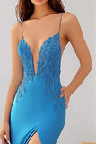 Royal Blue Spaghetti Straps Mermaid Long Prom Dress with Lace