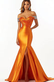 Sparkly Orange Satin Ruched Long Prom Dress with Slit