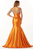 Sparkly Orange Satin Ruched Long Prom Dress with Slit