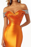 Sparkly Orange Satin Ruched Long Prom Dress with Slit