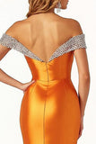 Sparkly Orange Satin Ruched Long Prom Dress with Slit