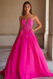 Fuchsia Chiffon Strapless Long A Line Prom Dress with Applique