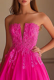 Fuchsia Chiffon Strapless Long A Line Prom Dress with Applique