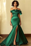 Dark Green Off the Shoulder Maxi Mermaid Prom Dress with Slit