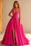 Fuchsia Spaghetti Straps Chiffon Long Ball Gown Prom Dress with Applique