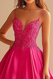 Fuchsia Spaghetti Straps Chiffon Long Ball Gown Prom Dress with Applique