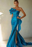 Royal Blue One Shoulder Satin Maxi Mermaid Prom Dress with Slit