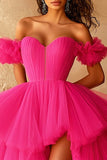 Fuchsia Sweetheart High-Low Ball Gown Prom Dress with Pleats