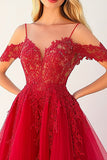 Red Cold Shoulder Tulle Maxi Ball Gown Prom Dress with Lace