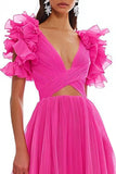 Fuchsia Tulle Cut Out A Line Maxi Prom Dress with Ruffles