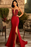 Red Satin Spaghetti Straps Maxi Mermaid Prom Dress with Appliques