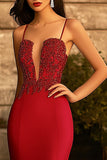 Red Satin Spaghetti Straps Maxi Mermaid Prom Dress with Appliques