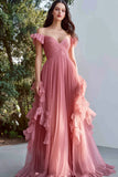 Dusty Rose Off the Shoulder Tulle Maxi A Line Prom Dress with Ruffles