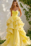 Daffodil Chiffon Sweetheart Maxi Ball Gown Prom Dress with Ruffles