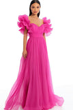 Fuchsia Tulle Sweetheart Maxi A Line Prom Dress with Ruffles