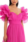 Fuchsia Tulle Sweetheart Maxi A Line Prom Dress with Ruffles