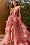 Dusty Rose Sweetheart Maxi A Line Prom Dress with Ruffles