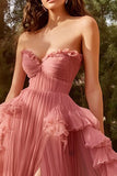 Dusty Rose Sweetheart Maxi A Line Prom Dress with Ruffles