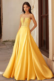Yellow Spaghetti Straps Satin Maxi A-Line Prom Dress