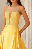 Yellow Spaghetti Straps Satin Maxi A-Line Prom Dress