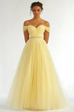 Daffodil Tulle Off the Shoulder Maxi Ball Gown Prom Dress with Rhinestones