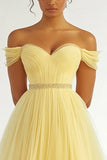 Daffodil Tulle Off the Shoulder Maxi Ball Gown Prom Dress with Rhinestones
