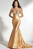 Gold Satin Off the Shoulder Maxi Mermaid Prom Dress with Rhinestones