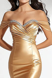 Gold Satin Off the Shoulder Maxi Mermaid Prom Dress with Rhinestones