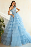 Sky Blue One Shoulder Tulle Ball Gown Long Prom Dress with Ruffles