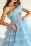 Sky Blue One Shoulder Tulle Ball Gown Long Prom Dress with Ruffles