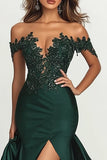 Dark Green Satin Off the Shoulder Maxi Mermaid Prom Dress with Appliques