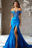 Royal Blue Off the Shoulder Satin Maxi Mermaid Prom Dress with Appliques