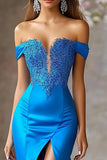 Royal Blue Off the Shoulder Satin Maxi Mermaid Prom Dress with Appliques