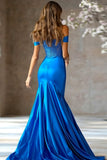 Royal Blue Off the Shoulder Satin Maxi Mermaid Prom Dress with Appliques