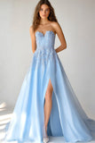 Sky Blue Sweetheart Appliqued Maxi A Line Prom Dress with Slit