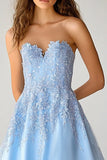 Sky Blue Sweetheart Appliqued Maxi A Line Prom Dress with Slit