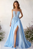 Sky Blue Satin Illusion Neck A-Line Long Prom Dress with Appliques