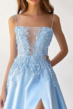 Sky Blue Satin Illusion Neck A-Line Long Prom Dress with Appliques