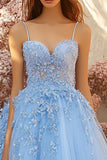 Sky Blue Spaghetti Straps Tulle Ball Gown Maxi Prom Dress with Appliques