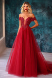Red Off the Shoulder Tulle Maxi Ball Gown Prom Dress with Applique