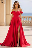 Red Off the Shoulder Satin Maxi A Line Prom Dress with Slit