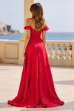Red Off the Shoulder Satin Maxi A Line Prom Dress with Slit