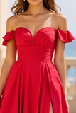 Red Off the Shoulder Satin Maxi A Line Prom Dress with Slit